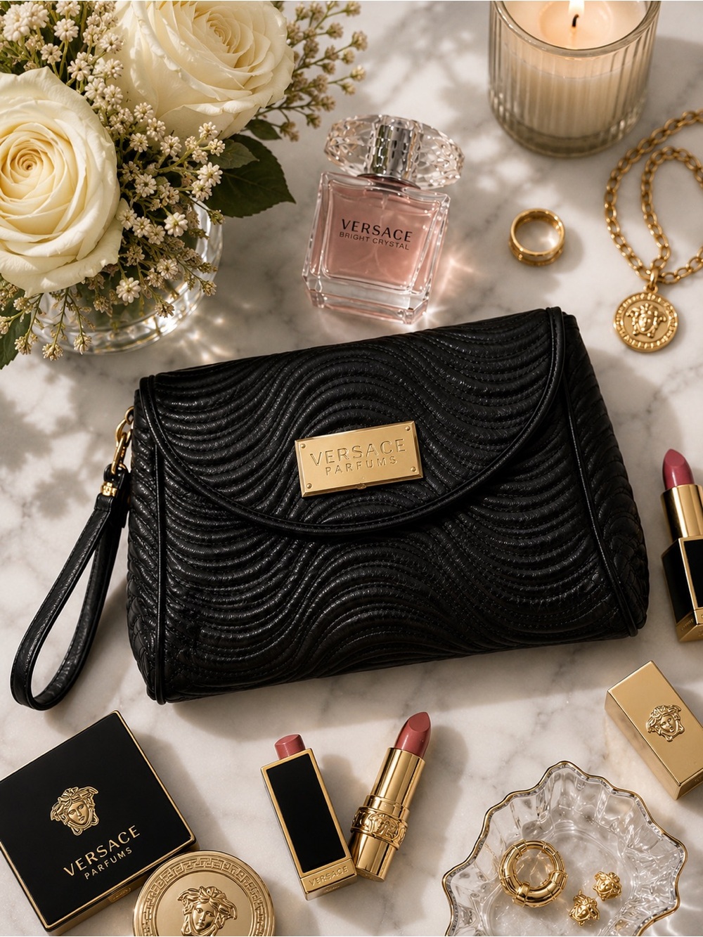 Versace Parfums Black Quilted Designer Wristlet Clutch Bag, Gold‎ Logo Plaque